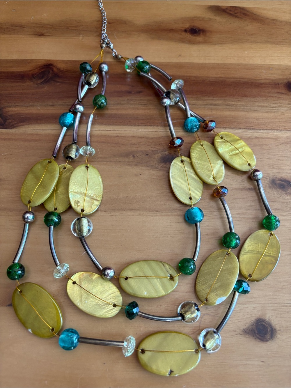 Yellow Multi-Strand Shell & Bead Necklace with Green & Teal Accents